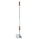 A long-handled metal sand scoop  with a silver aluminum shaft, a wire mesh head, and bright orange plastic grip accents, shown against a plain white background.