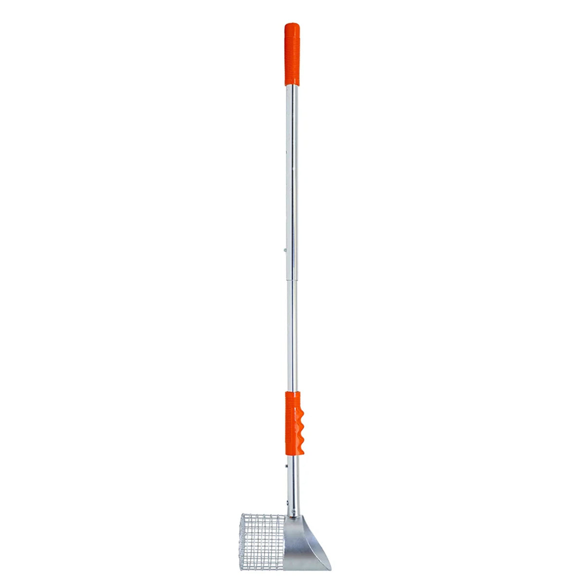 A long-handled metal sand scoop  with a silver aluminum shaft, a wire mesh head, and bright orange plastic grip accents, shown against a plain white background.