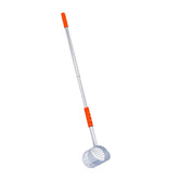 A long-handled sand scoop with a silver metal shaft, a white mesh basket, and bright orange plastic accents on the handle, shown against a plain white background.