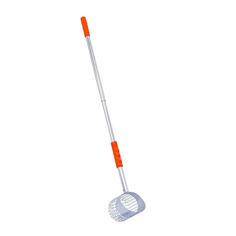 A long-handled sand scoop with a silver metal shaft, a white mesh basket, and bright orange plastic accents on the handle, shown against a plain white background.