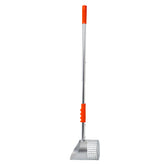 A long-handled metal sand scoop with a silver aluminum shaft and bowl, bright orange plastic handle grips, and a wire mesh front, shown on a plain white background.