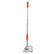 A long-handled metal sand scoop with a silver aluminum shaft and bowl, bright orange plastic handle grips, and a wire mesh front, shown on a plain white background.