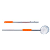 A long-handled metal scoop with an orange grip handle, shown in two positions on a plain white background.
