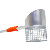 A metal scoop with a silver wire mesh bowl and a bright orange handle, shown on a plain white background.