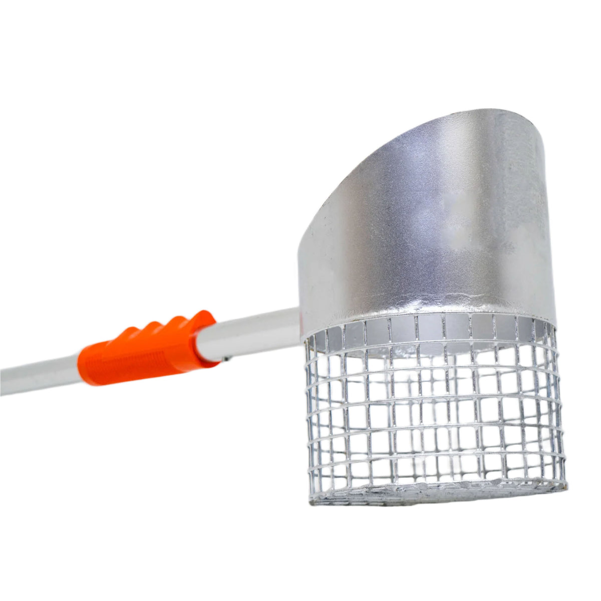 A metal scoop with a silver wire mesh bowl and a bright orange handle, shown on a plain white background.