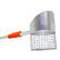 A metal scoop with a silver wire mesh bowl and a bright orange handle, shown on a plain white background.