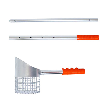 A metal sand scoop set with a long silver handle and bright orange grip, shown in two configurations on a plain white background.