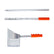 A metal sand scoop set with a long silver handle and bright orange grip, shown in two configurations on a plain white background.