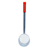 A metal sand scoop with a long silver handle and a bright red textured grip, shown against a plain white background.