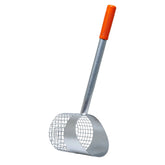 Metal sand scoop with an orange handle on a white background