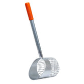 A metal scoop with a long handle and a bright orange textured grip, shown on a plain white background.