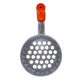 A metal sand scoop with a perforated circular head and a bright orange plastic handle, shown against a plain white background.