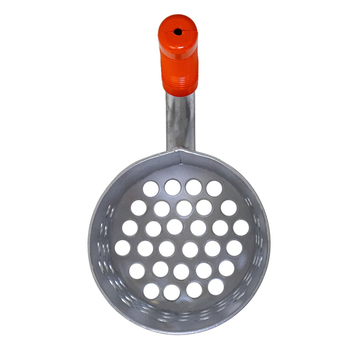 A metal sand scoop with a perforated circular head and a bright orange plastic handle, shown against a plain white background.