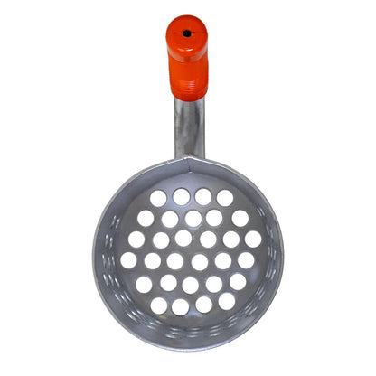 A metal sand scoop with a perforated circular head and a bright orange plastic handle, shown against a plain white background.