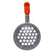 A metal sand scoop with a perforated circular head and a bright orange plastic handle, shown against a plain white background.
