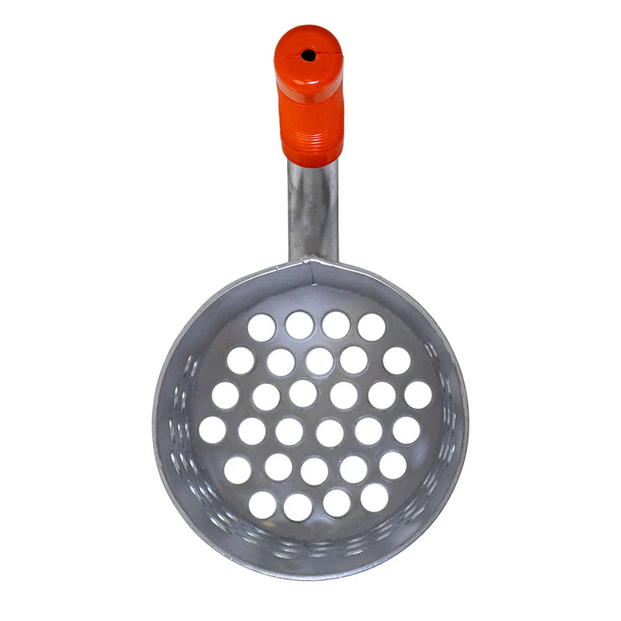 A metal sand scoop with a perforated circular head and a bright orange plastic handle, shown against a plain white background.