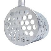 A silver metal sand scoop with a perforated round head and a long handle, shown on a plain white background.