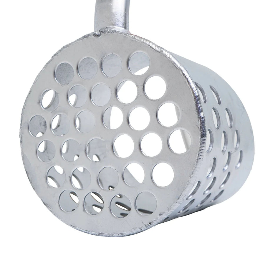 A silver metal sand scoop with a perforated round head and a long handle, shown on a plain white background.