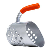 A galvanized steel scoop with a curved handle and an orange plastic grip, shown on a solid white background.