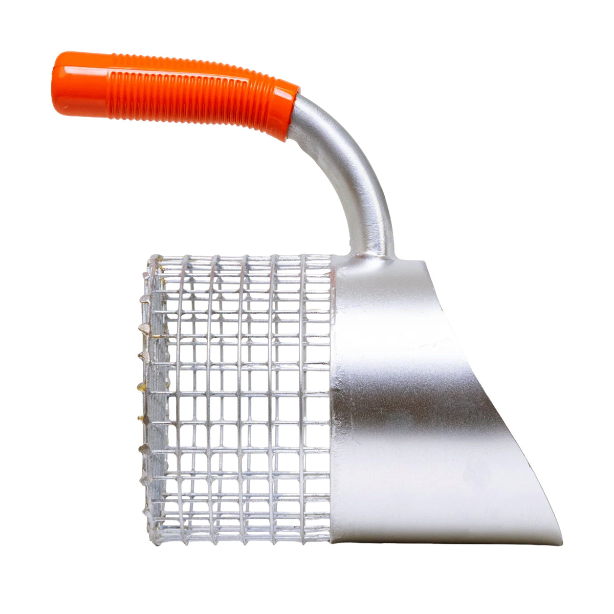 A metal sand scoopl with a silver wire grid and a curved silver metal body, featuring a bright orange ribbed handle, isolated on a white background.