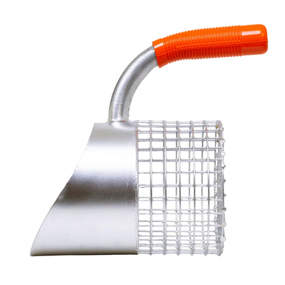 A metal sand scoop with a silver wire mesh side, and a bright orange handle, isolated on a white background.