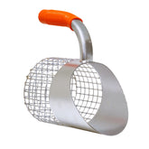 A scoop with a wire mesh basket body and a bright orange rubber handle, shown on a plain white background.