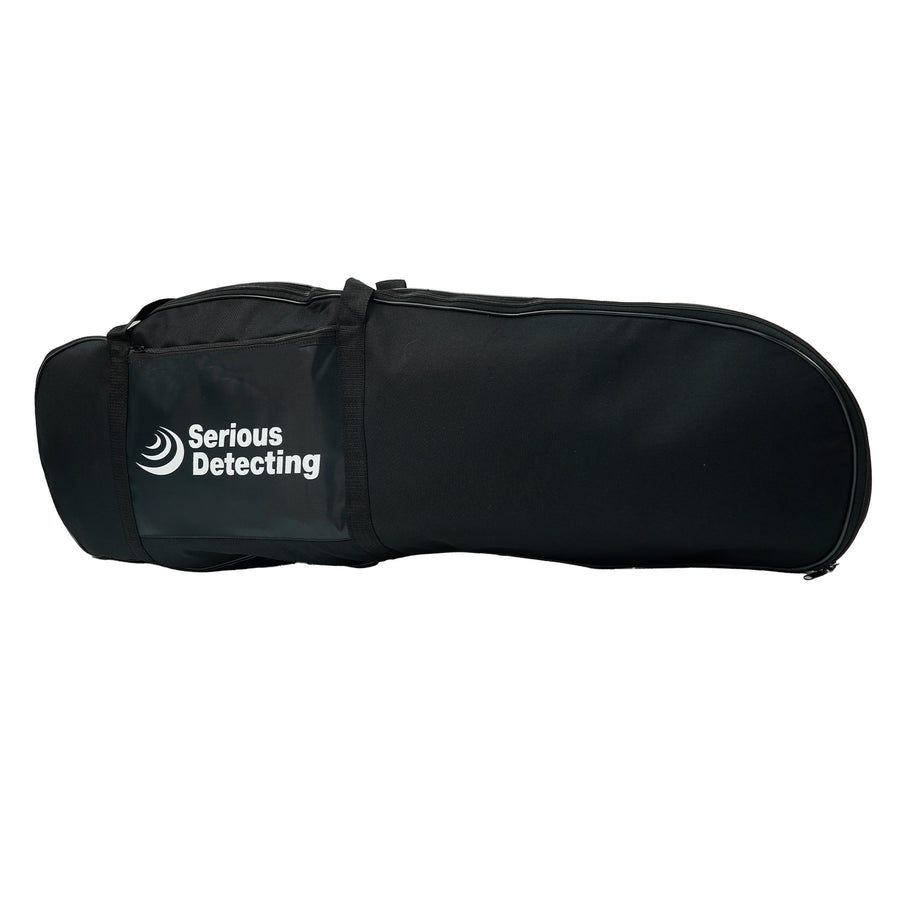 Side view of the black Serious Detecting metal detector bag. 
