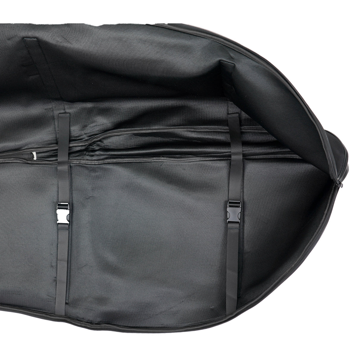 Close up of the interior of the Serious Detecting metal detector bag, showing internal securing straps to hold a metal detector in place. 