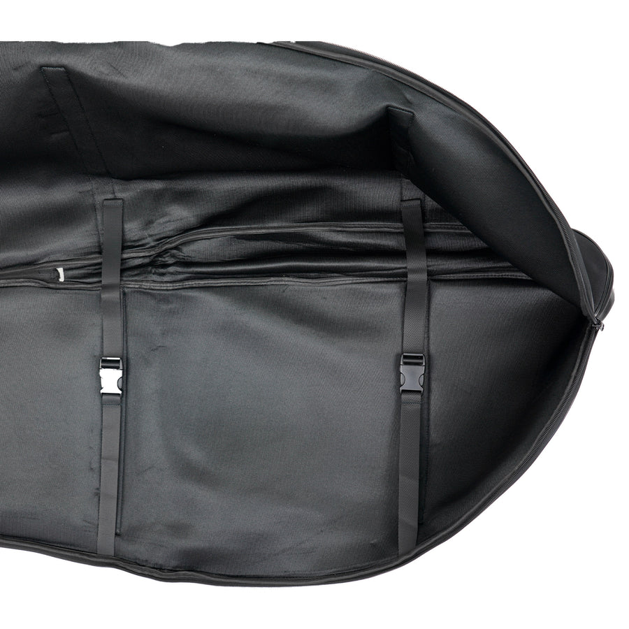 Close up of the interior of the Serious Detecting metal detector bag, showing internal securing straps to hold a metal detector in place. 