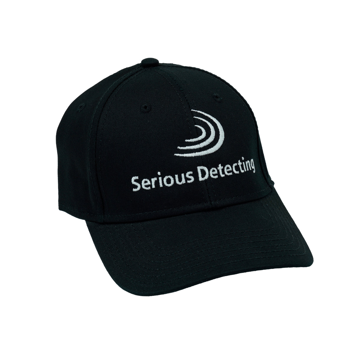 A black baseball cap with white embroidered text reading "Serious Detecting" and a white radar-like logo on the front, shown against a plain white background.