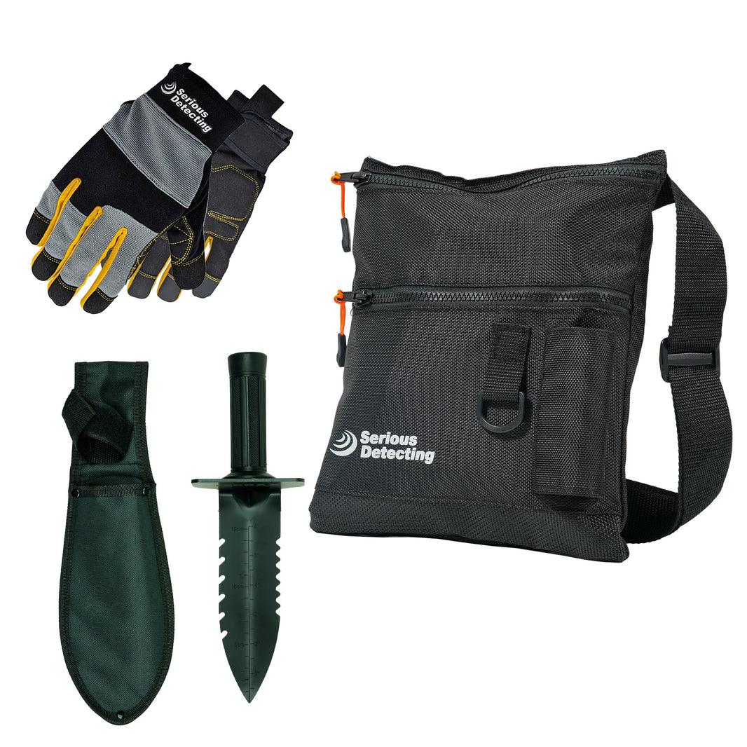 Serious Detecting Mesh Bottom Beach Finds Bag Pouch w/ Pinpointer Holster, Digging Tool, and Gloves