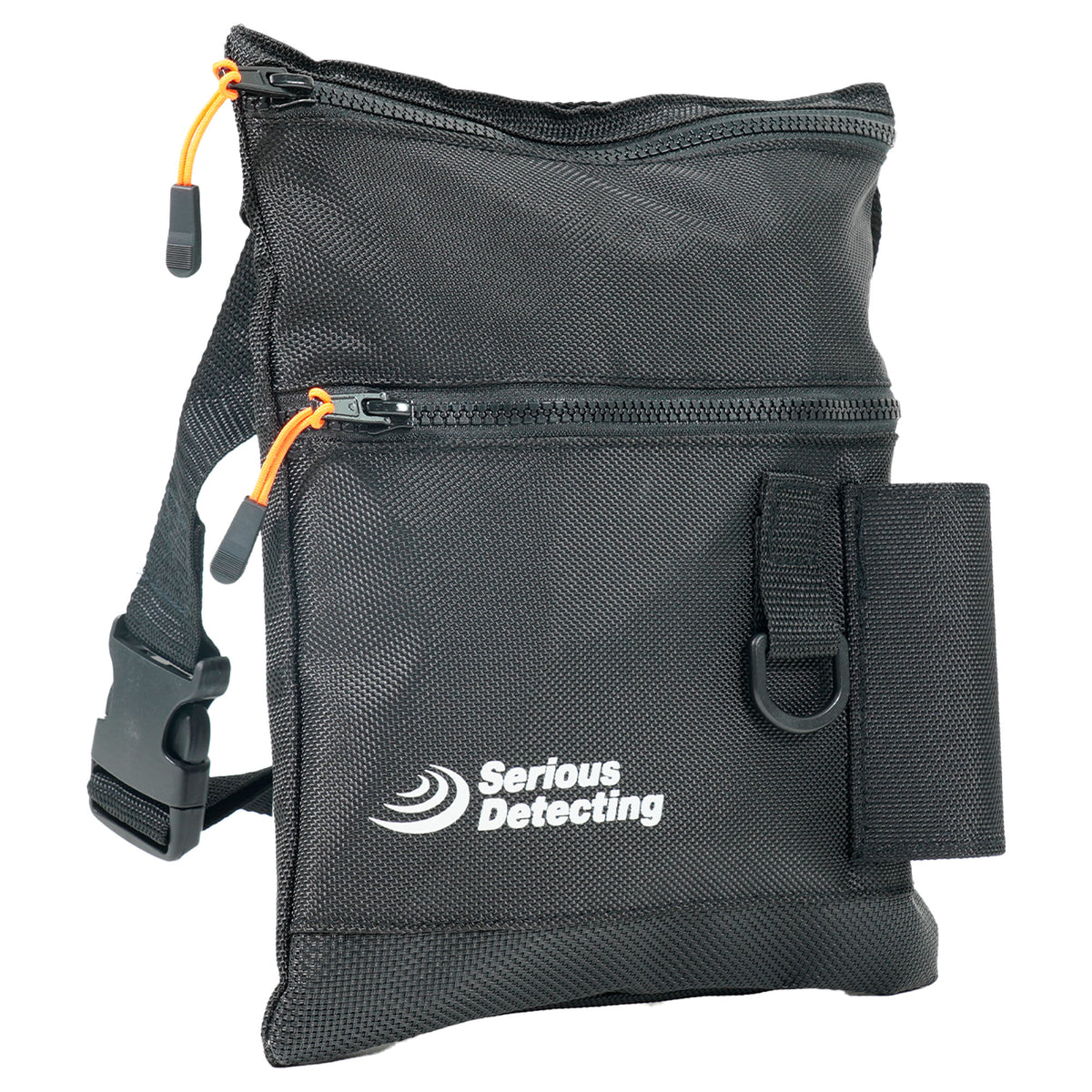 Serious Detecting mesh beach finds pouch, front view showing pinpointer holster