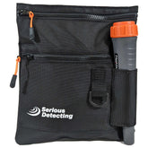 Black finds bag with orange zipper, mesh bottom, and pinpointer holster example