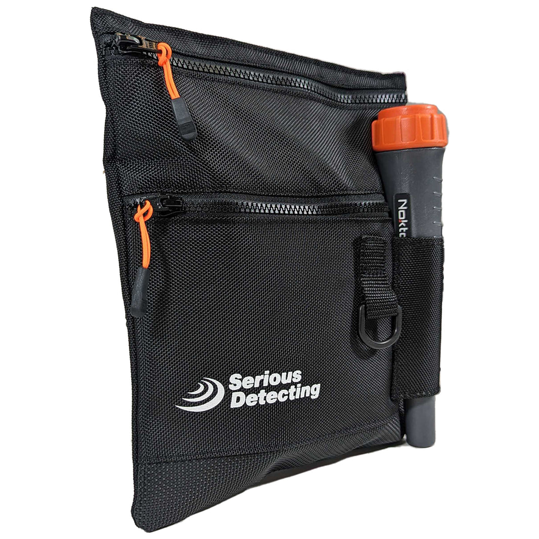 Serious Detecting Beach Finds Bag at a 3/4 angle with pinpointer example
