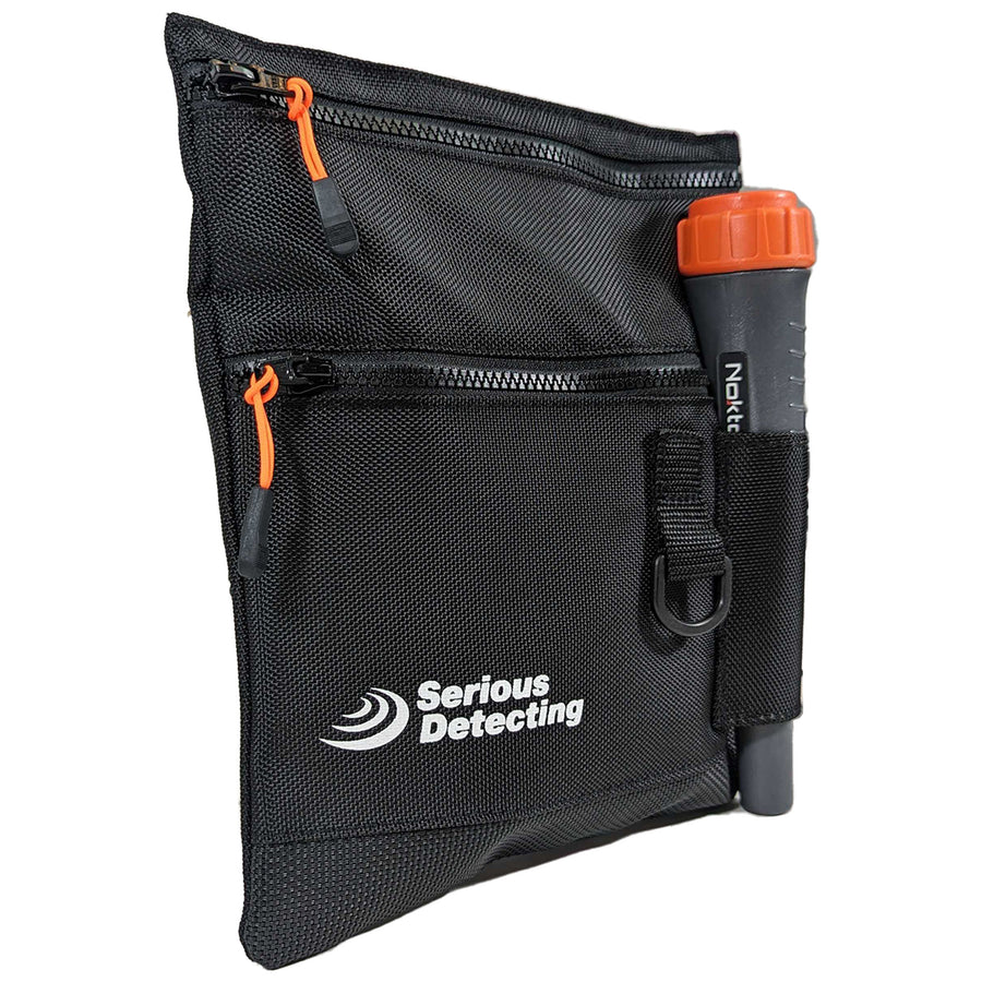 Serious Detecting Beach Finds Bag at a 3/4 angle with pinpointer example