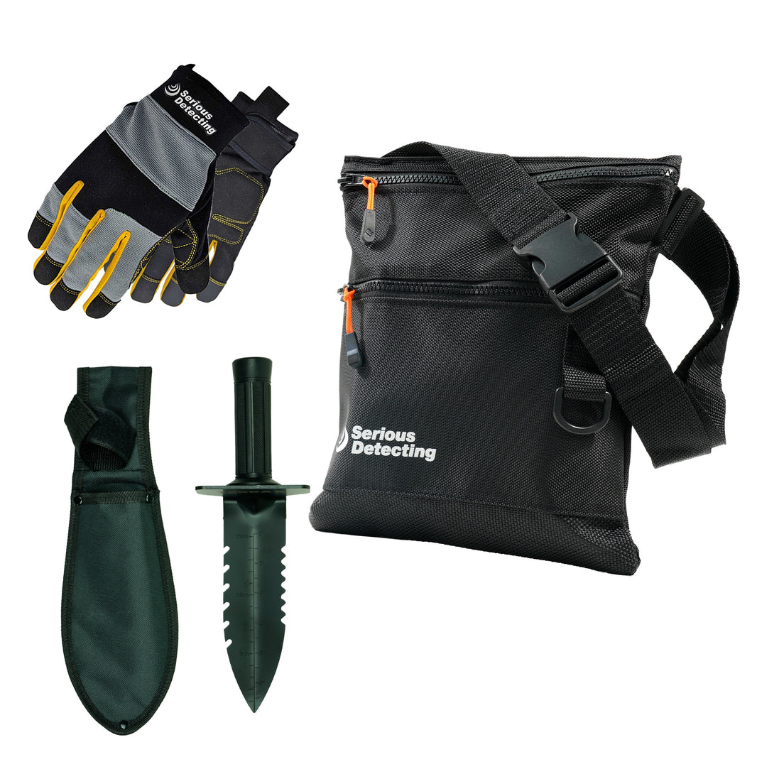 Serious Detecting Recovery Bundle - Mesh Bottom Beach Finds Bag Pouch, Digging Tool, and Gloves