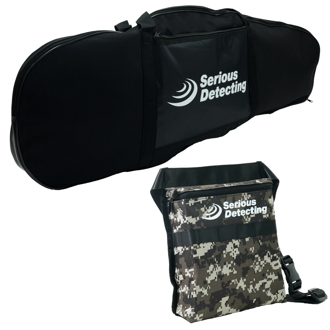 The black Serious Detecting metal detector bag and the camo Serious Detecting finds pouch.