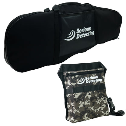 The black Serious Detecting metal detector bag and the camo Serious Detecting finds pouch.