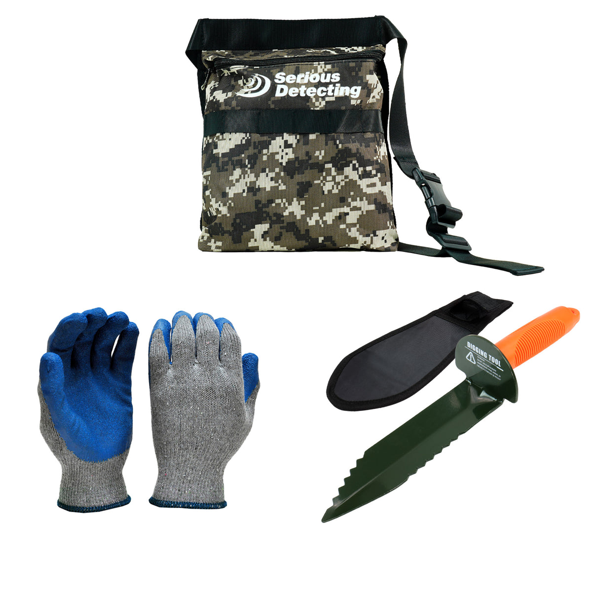 The image shows a set of accessories for treasure hunting, including a camouflage metal detector finds pouch, a double serrated hand digger with an orange blade and a black belt holster, and a pair of blue and gray gloves.