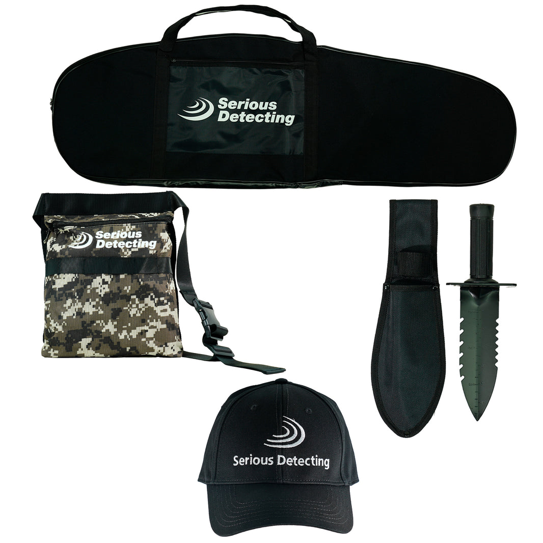 Serious Detecting Kit: Pouch, Carry bag, Cap, and Digger for Treasure Hunting