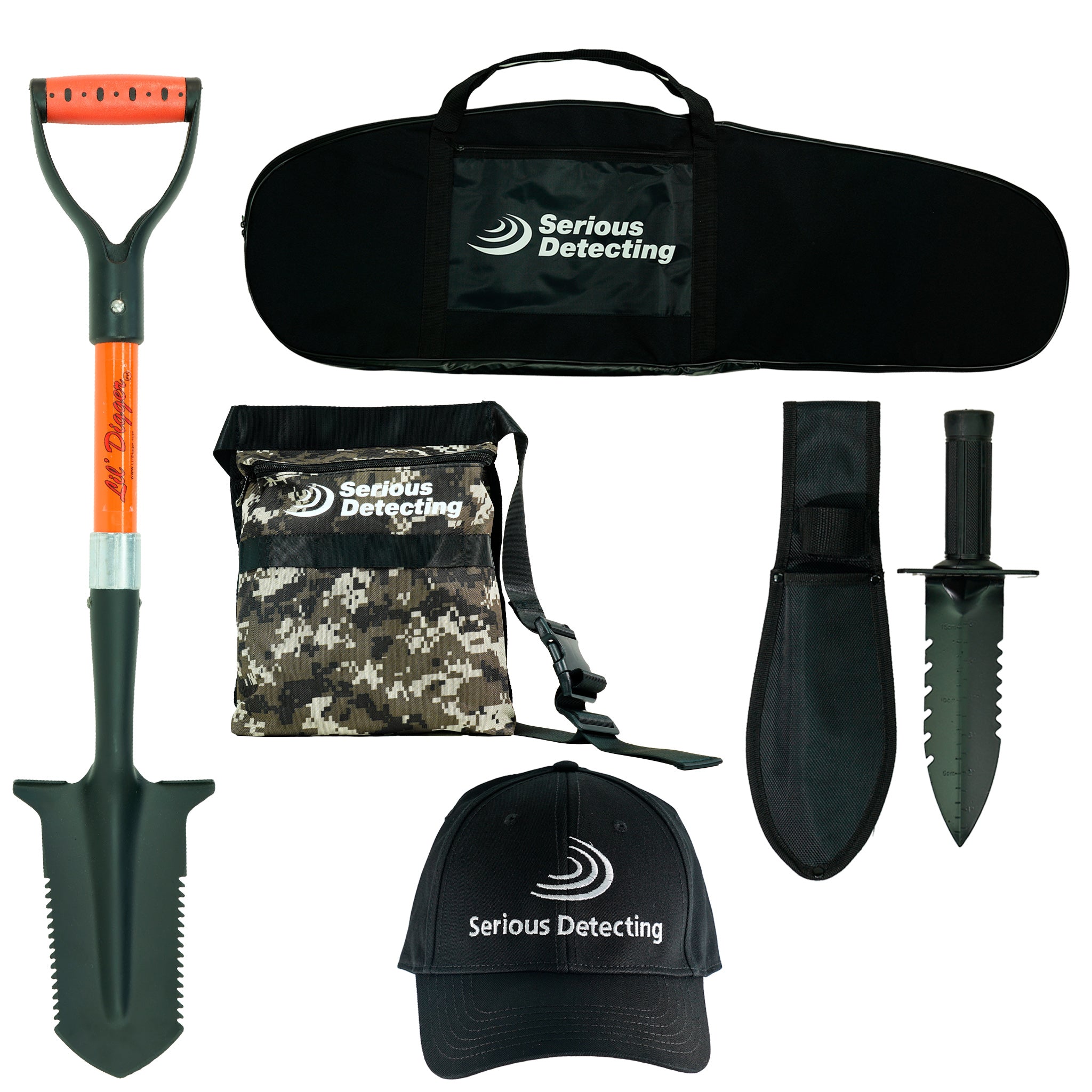 Serious Detecting Kit:  Pouch, Carry bag, Cap, Digger & Shovel for Treasure Hunting