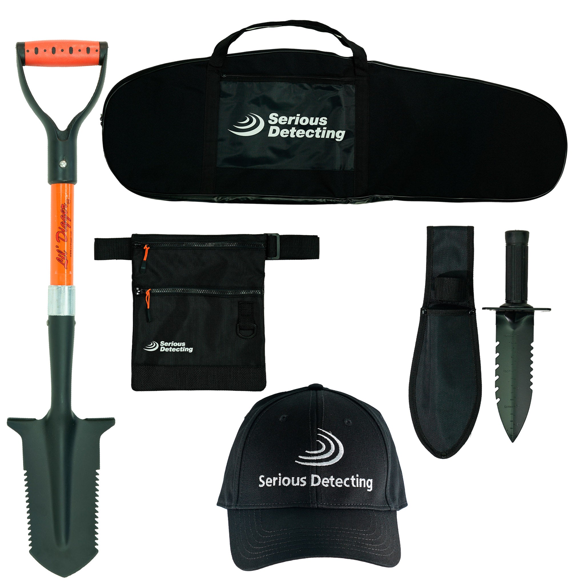 Serious Detecting Kit:  Pouch, Carry bag, Cap, Digger & Shovel for Treasure Hunting