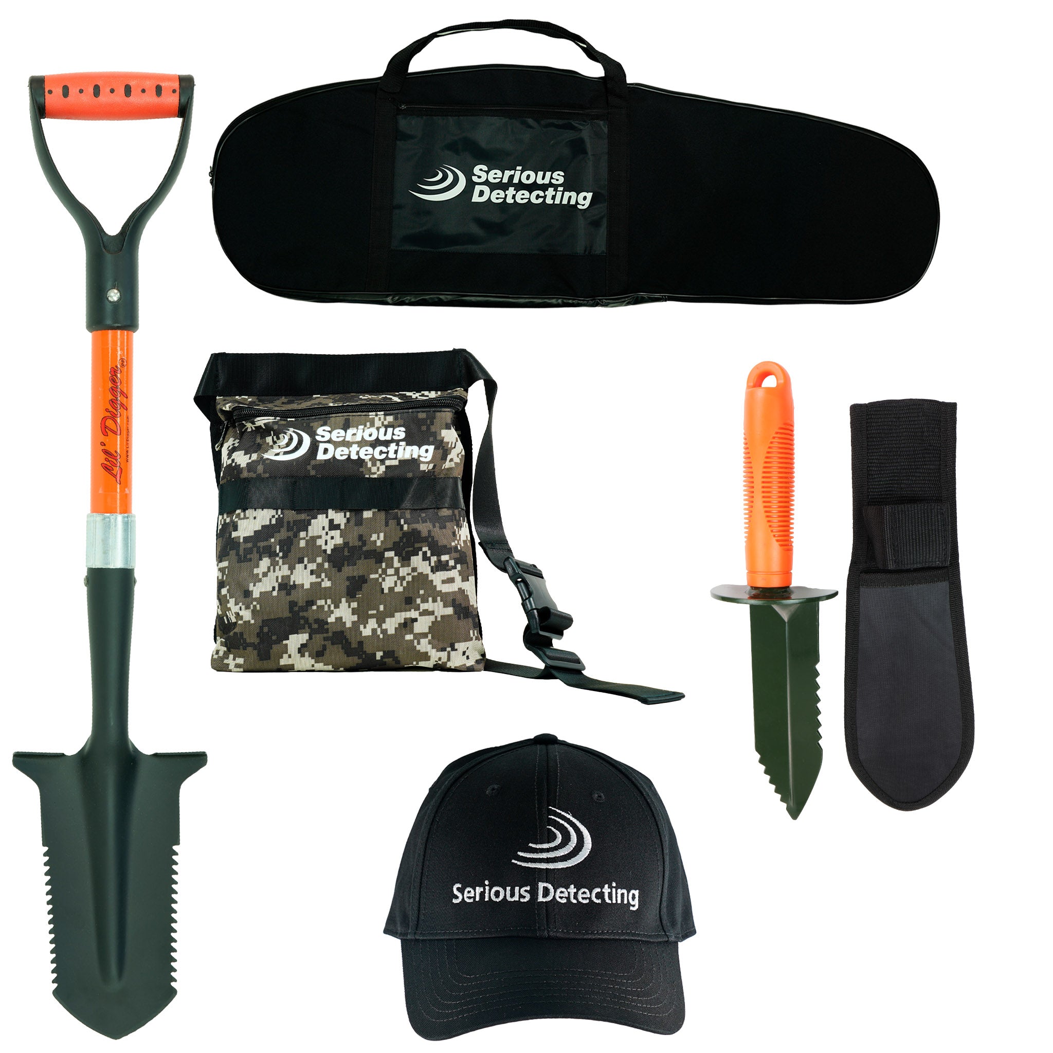 Serious Detecting Kit:  Pouch, Carry bag, Cap, Digger & Shovel for Treasure Hunting