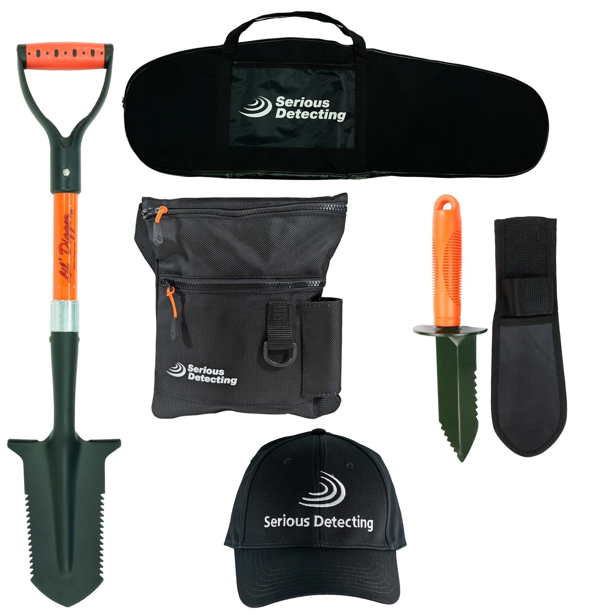 Serious Detecting Kit:  Pouch, Carry bag, Cap, Digger & Shovel for Treasure Hunting