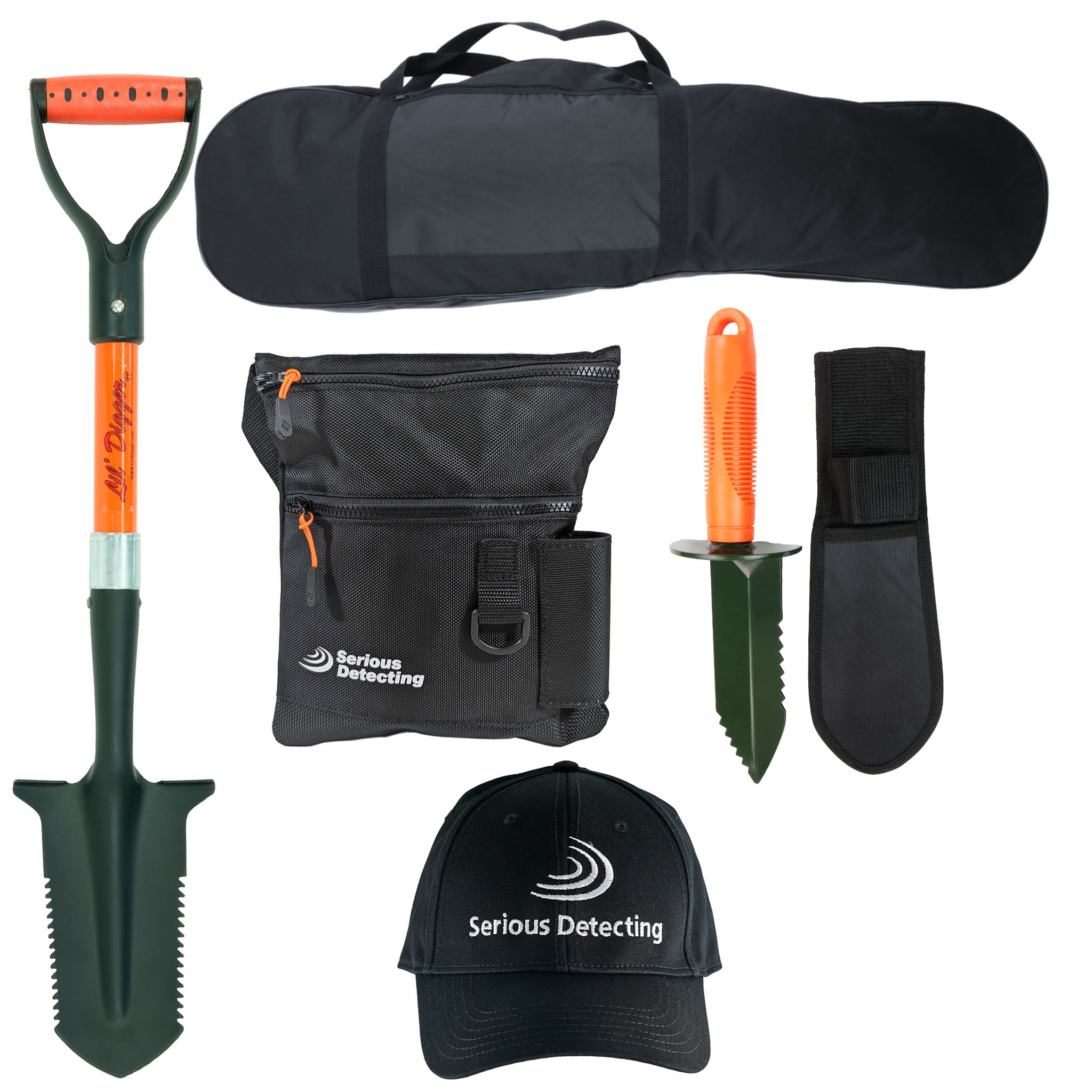 Serious Detecting Kit:  Pouch, Carry bag, Cap, Digger & Shovel for Treasure Hunting