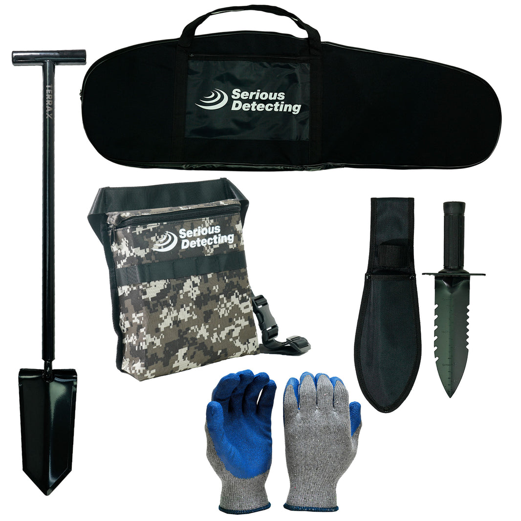 A complete detector kit from Serious Detecting, including a black T-handle shovel, a black carrying bag, a camouflage drawstring pouch, a black knife sheath, a black tactical-style knife, and a pair of gray and blue knit gloves, all arranged on a white background.