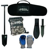 A complete detector kit from Serious Detecting, including a black T-handle shovel, a black carrying bag, a camouflage drawstring pouch, a black knife sheath, a black tactical-style knife, and a pair of gray and blue knit gloves, all arranged on a white background.