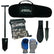 A complete detector kit from Serious Detecting, including a black T-handle shovel, a black carrying bag, a camouflage drawstring pouch, a black knife sheath, a black tactical-style knife, and a pair of gray and blue knit gloves, all arranged on a white background.