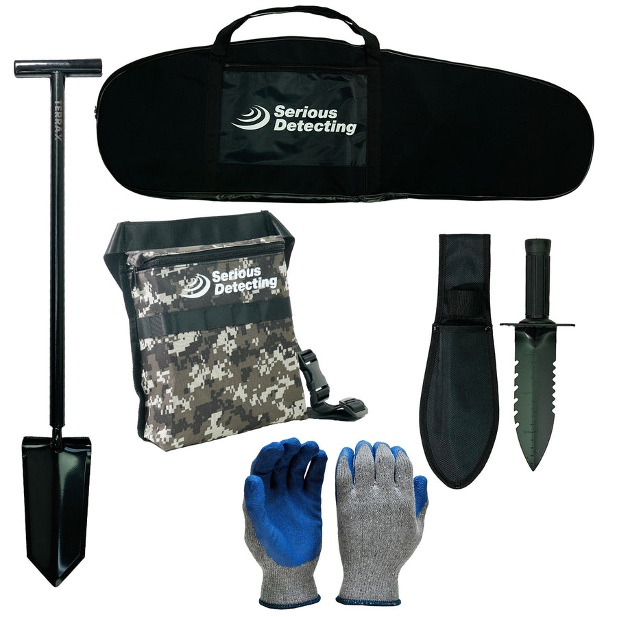 A complete detector kit from Serious Detecting, including a black T-handle shovel, a black carrying bag, a camouflage drawstring pouch, a black knife sheath, a black tactical-style knife, and a pair of gray and blue knit gloves, all arranged on a white background.