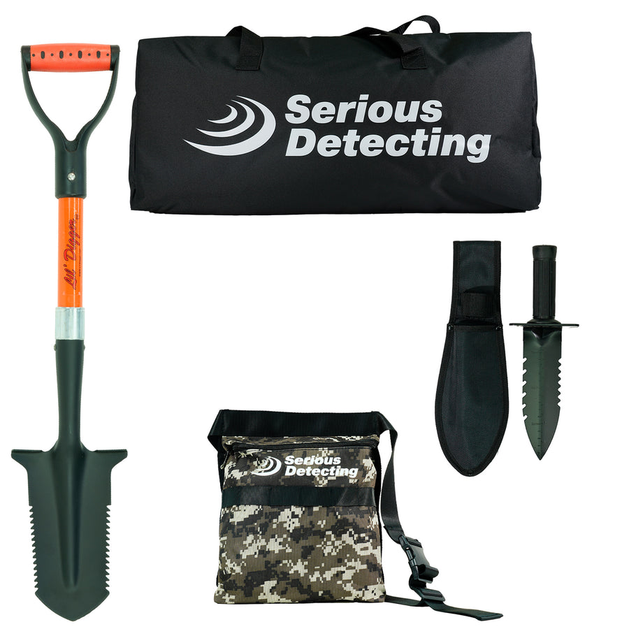 Serious Detecting dig kit with Lil' Digger shovel, TerraX hand digger, camo finds pouch and black carry bag